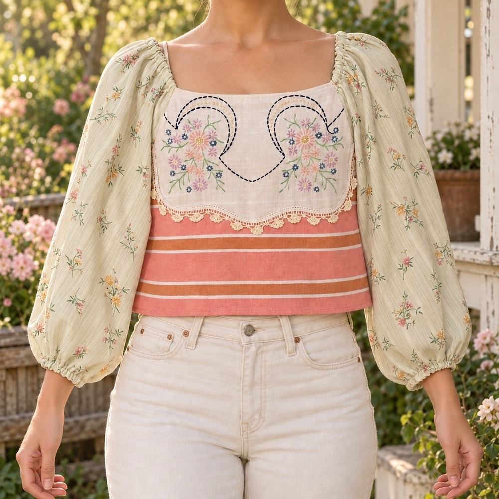 OOAK Handmade Crop Top Womens S Vintage Embroidered Puff Sleeve Cotton Blend